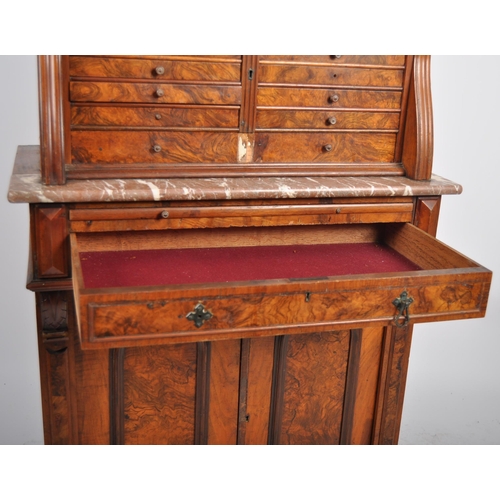 200 - 19th Century Burr walnut dentist cabinet, the top section having shaped gallery with turned finials ... 