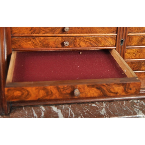 200 - 19th Century Burr walnut dentist cabinet, the top section having shaped gallery with turned finials ... 