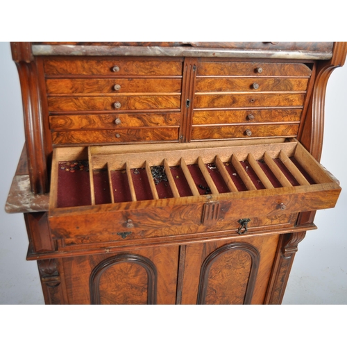 200 - 19th Century Burr walnut dentist cabinet, the top section having shaped gallery with turned finials ... 