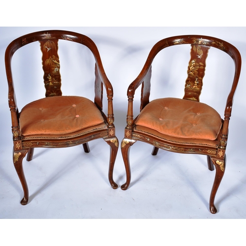 225 - A matching pair of 19th Century English red lacquered chinoiserie decorated armchairs / carver chair... 