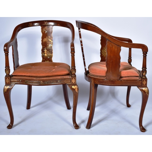 225 - A matching pair of 19th Century English red lacquered chinoiserie decorated armchairs / carver chair... 