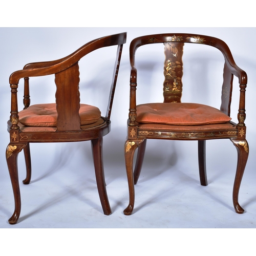 225 - A matching pair of 19th Century English red lacquered chinoiserie decorated armchairs / carver chair... 