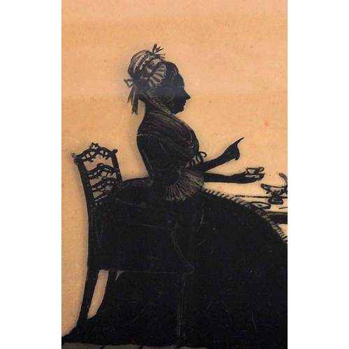 238 - A 19th Century reverse painted glass silhouette picture of two women taking tea. Indistinctly signed... 