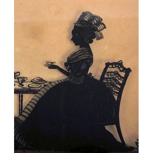 238 - A 19th Century reverse painted glass silhouette picture of two women taking tea. Indistinctly signed... 