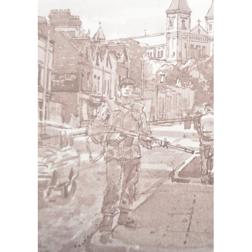 254 - Ken Howard (b. 1932), pen and ink illustration – Londonderry Northern Ireland town scene being frame... 