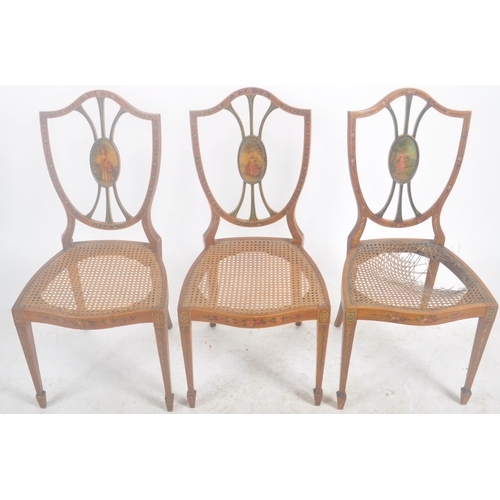 26 - A set of three 19th Century painted faux satinwood shield back dining chairs. Mahogany frames with p... 