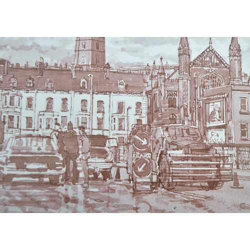 268 - Ken Howard (b. 1932), pen and ink illustration – Belfast, Northern Ireland town scene being framed a... 