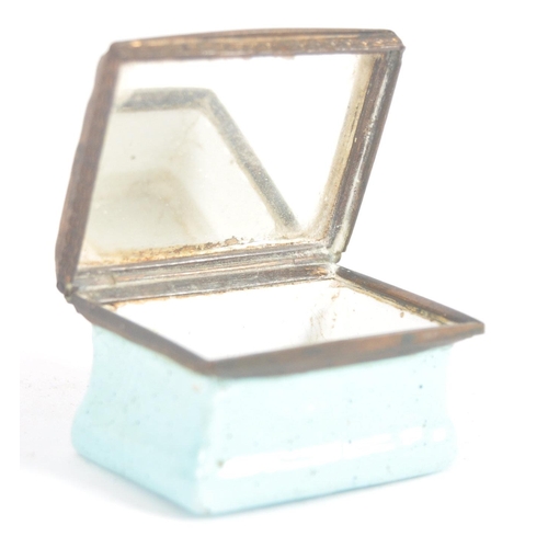 280 - A 19th Century square enamelled pill box, the copper lid inset an enamelled with the text 