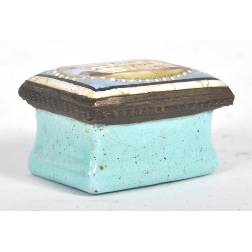 280 - A 19th Century square enamelled pill box, the copper lid inset an enamelled with the text 