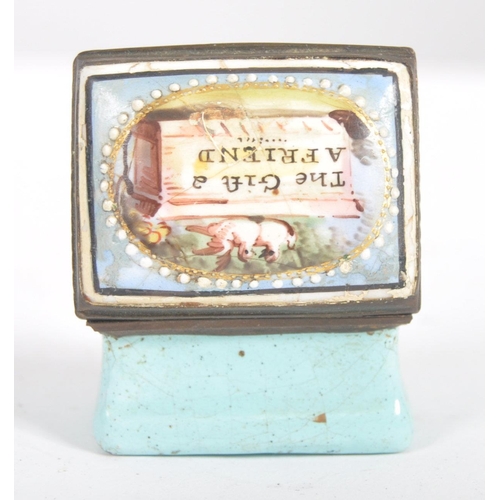 280 - A 19th Century square enamelled pill box, the copper lid inset an enamelled with the text 