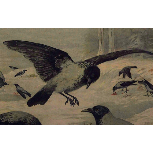 282 - A large early 20th Century Lithograph print depicting crows in a snowy landscape scene setting. Numb... 