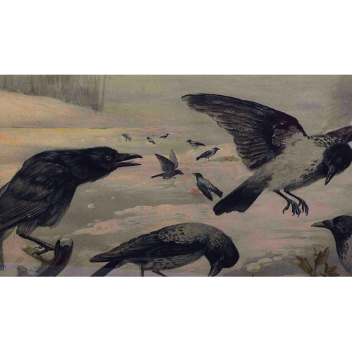 282 - A large early 20th Century Lithograph print depicting crows in a snowy landscape scene setting. Numb... 