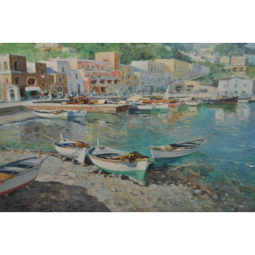 286 - Giuseppe Salvati (1900-1968) - A 20th Century oil painting depicting a busy scene in the harbour of ... 