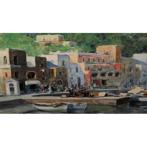 286 - Giuseppe Salvati (1900-1968) - A 20th Century oil painting depicting a busy scene in the harbour of ... 