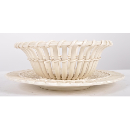 288 - A 19th century Wedgwood Creamware - Twig chestnut basket with under oval plate, stamped 