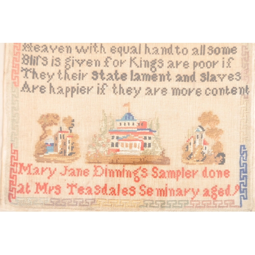 292 - A 19th Century Victorian sampler having polychrome stitched alphabet and numbers and poem below. Emb... 