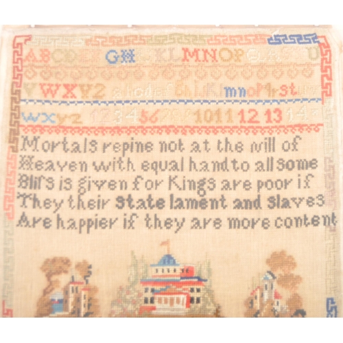 292 - A 19th Century Victorian sampler having polychrome stitched alphabet and numbers and poem below. Emb... 