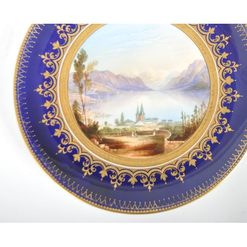 296 - A 19th century Aynsley cabinet plate. A circular plate depicting a lake and mountain scene with cast... 