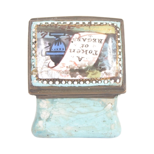 324 - A 19th century square enamelled pill box, the copper lid inset an enamelled with the text 