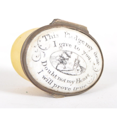 324 - A 19th century square enamelled pill box, the copper lid inset an enamelled with the text 