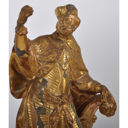 333 - An 18th Century carved giltwood figurine depicting King Wenceslas raised on pedestal base. Carved de... 