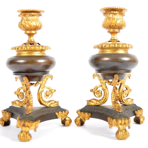 341 - A pair of 19th Century gilded bronze censer candlesticks having single gilt bronze sconces the remov... 