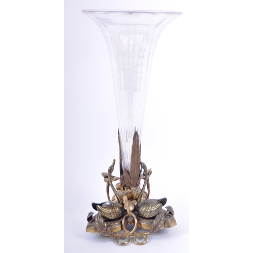 36 - A 19th Century Victorian bronze and glass table centrepiece epergne vase. Central fluted trumpet for... 