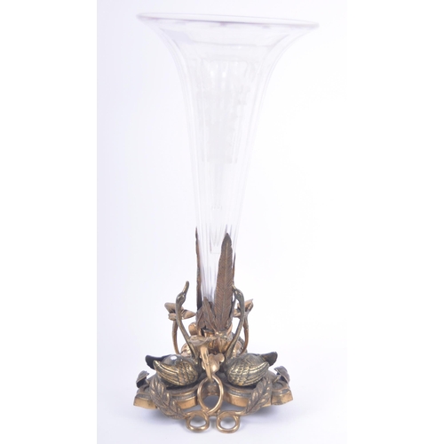 36 - A 19th Century Victorian bronze and glass table centrepiece epergne vase. Central fluted trumpet for... 