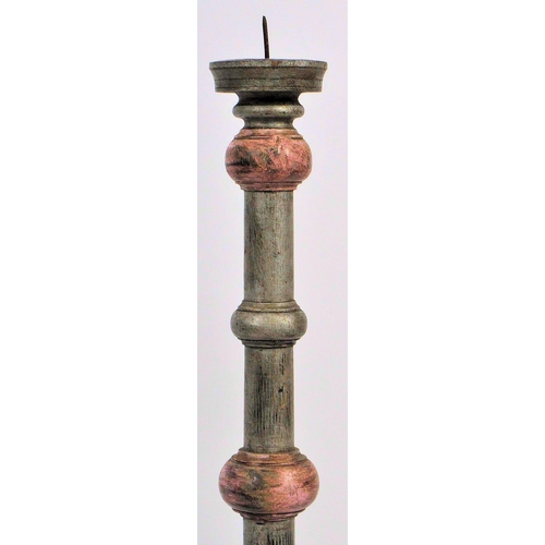 360 - A pair of early 20th century ecclesiastical altar pine pricket candle sticks. Of large proportions, ... 