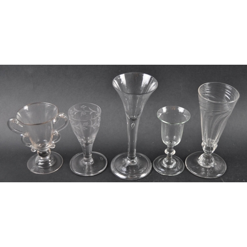 370 - A collection of 18th century glassware. To include a B handled jelly glass, a dwarf ale glass, a pla... 