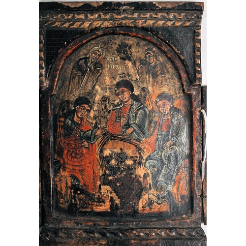 372 - A hand painted wooden Russian Triptych Icon Religious ecclesiastical panel featuring Religious figur... 