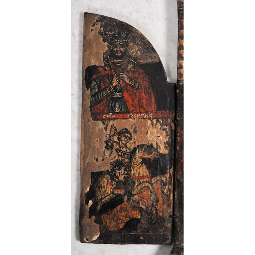 372 - A hand painted wooden Russian Triptych Icon Religious ecclesiastical panel featuring Religious figur... 