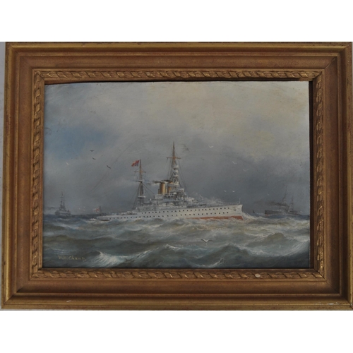 388 - WW Champ - An early 20th Century oil on board painting depicting the ship HMS Barham a Queen Elizabe... 