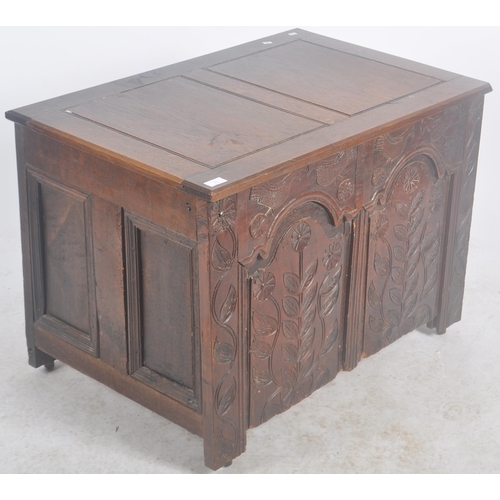 40 - A large 18th Century carved oak coffer blanket box storage chest trunk. Intricate carved floral pane... 