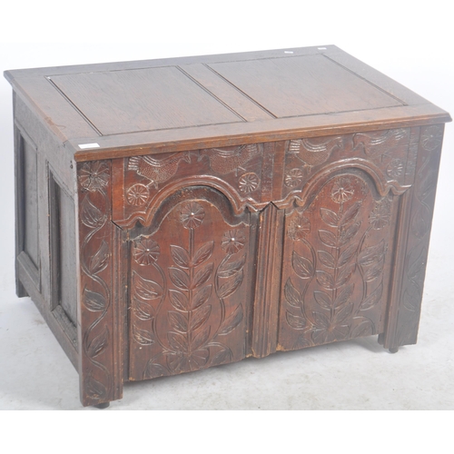 40 - A large 18th Century carved oak coffer blanket box storage chest trunk. Intricate carved floral pane... 