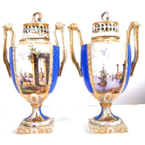 403 - A pair of 19th Century Meissen porcelain lidded urns / vases with covers. Hand painted decoration th... 