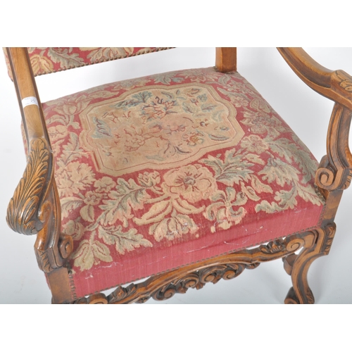 409 - A large 19th Century George III walnut and tapestry upholstered throne gainsborough armchair / fires... 