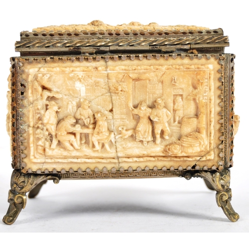 413 - A 19th Century carved meerschaum casket box trinket jewellery box. Relief scenes in panels depicting... 