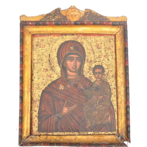 422 - A hand painted wooden ecclesiastical Religious Russian Icon panel depicting Madonna and child. Set w... 