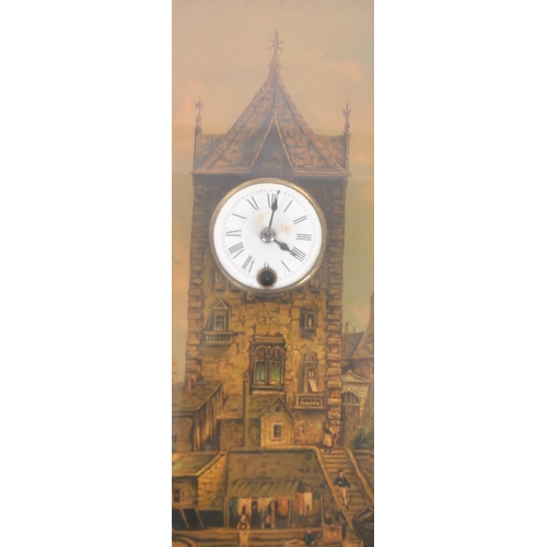 426 - An unusual 20th Century lacquered print painting musical with cylinder movement wall clock. Depictin... 