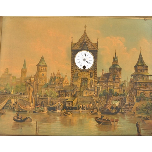 426 - An unusual 20th Century lacquered print painting musical with cylinder movement wall clock. Depictin... 