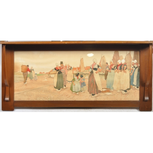 434 - A Liberty & Co Arts & Crafts overmantle with print. A walnut Arts and Crafts picture / overmantel co... 