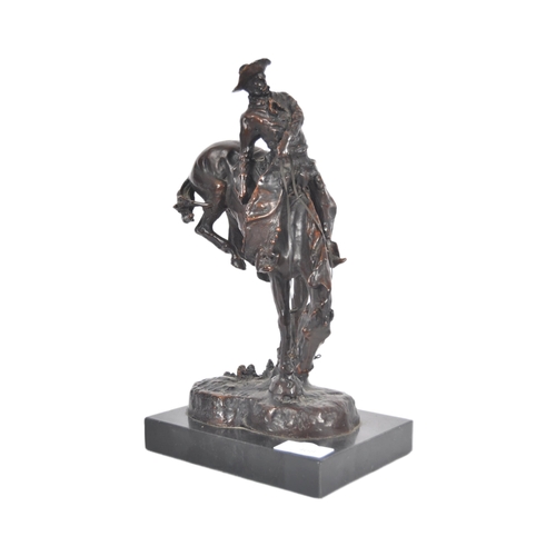 468 - After Frederic Remington, Mountain Man, patinated bronze, depicting an outlaw on rearing horse. Sign... 