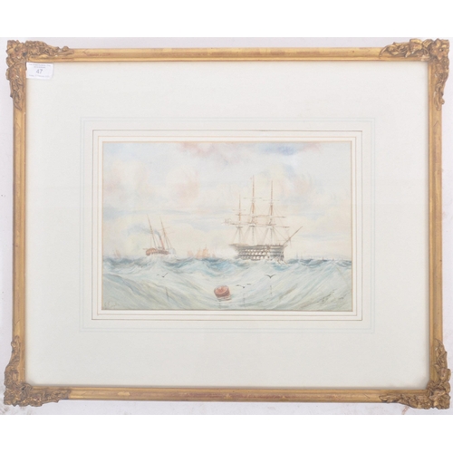 47 - A mid 19th Century Victorian watercolour painting depicting a fleet of Naval warships on stormy seas... 