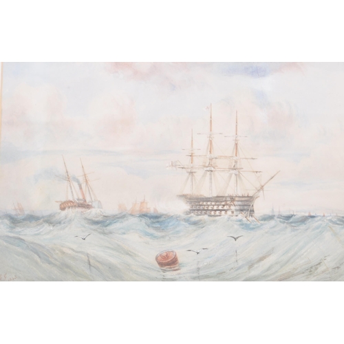 47 - A mid 19th Century Victorian watercolour painting depicting a fleet of Naval warships on stormy seas... 