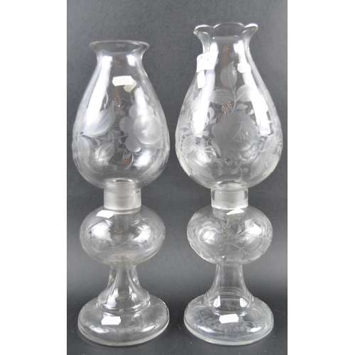 474 - A set of thee 19th Century Victorian cut glass oil / table lamps. Each with etched / cut decoration ... 