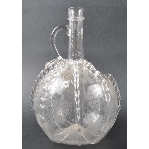 482 - A set of three 19th Century Dutch hand blown glass decanters. Each of bulbous bottle form with appli... 