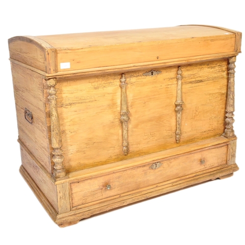 49 - A 19th Century pine blanket box chest steamer trunk. Domed top with carved columns to the front. The... 