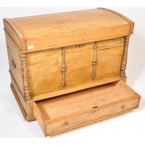 49 - A 19th Century pine blanket box chest steamer trunk. Domed top with carved columns to the front. The... 