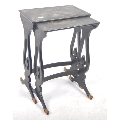 508 - A 19th century Chinese chinoiserie black lacquer nest of tables. Each  table with rounded rectangula... 